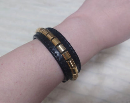 Yves Saint Laurent Rive Gauche Black Leather Studs Bracelet L 21cm 8.2" Vintage