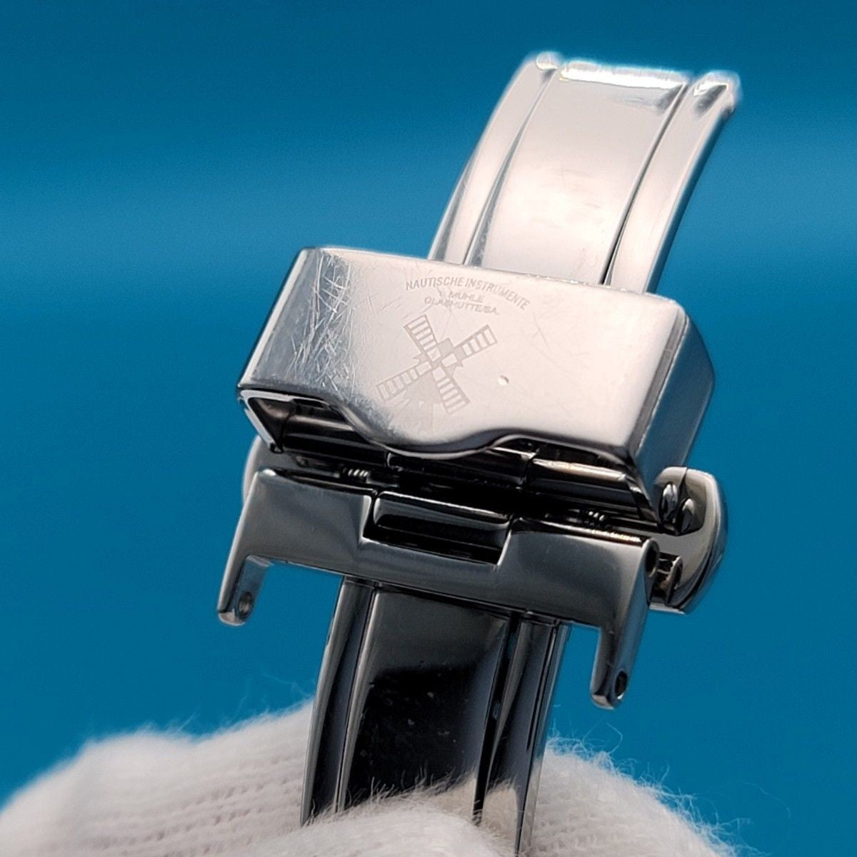 MUHLE GLASHUTTE 16mm Silver Tone Butterfly Buckle Used