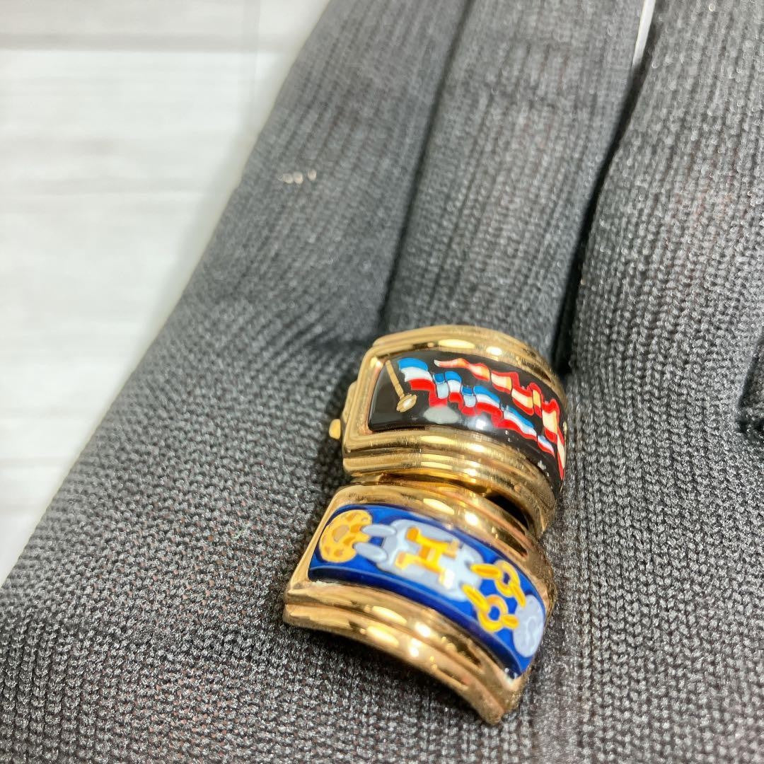 Hermes Auth Enamel Cloisonne Earrings Gold Clip On H Flag Chain Multicolor 2 cm