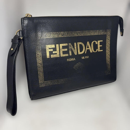 FENDI x Versace FENDACE Leather Black Clutch Bag Gold Heardware