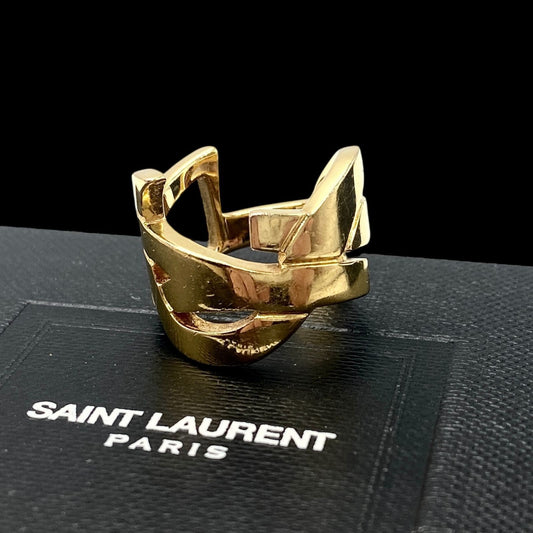 Authentic SAINT LAURENT Paris Gold Plated Cassandra Logo Ring Size 49 US 5 Rare