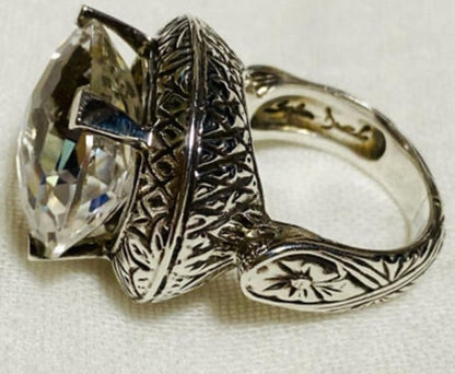 Stephen Dweck Sterling Silver 925 Ring Clear Natural Stone Filigree Size US5.5-6