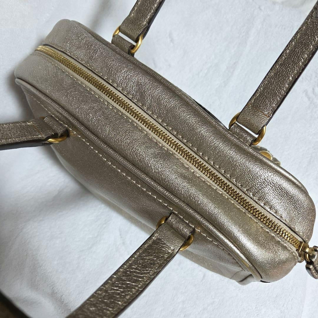 Auth LOEWE Madrid Anagram Tassel Leather Mini Boston Bag Champagne Gold Vintage