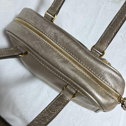 Auth LOEWE Madrid Anagram Tassel Leather Mini Boston Bag Champagne Gold Vintage