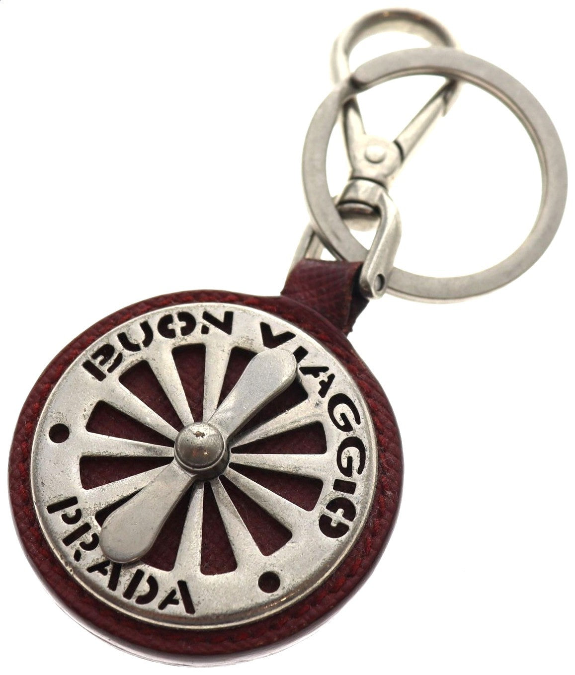 PRADA Buon Viaggio Key Ring Charm Bordeaux Saffiano Leather Silver Metal Italy