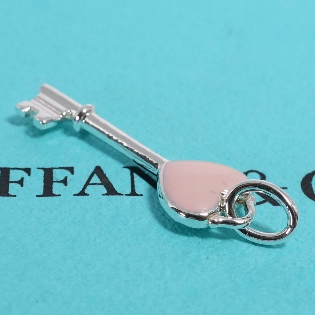 Tiffany & Co Sterling Silver 925 Pink Enamel Heart Key Pendant Top Charm