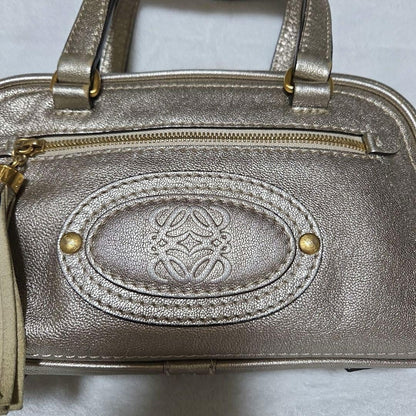 Auth LOEWE Madrid Anagram Tassel Leather Mini Boston Bag Champagne Gold Vintage