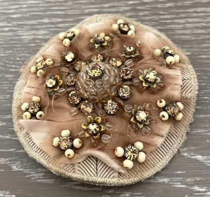 PRADA Beaded Embroidery Brooch Pin Beige Floral Crystal Fabric Italy Vintage