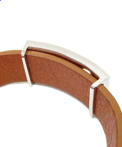 FENDI FF Zucca Logo Buckle Leather Bracelet Brown Silver 925 Cuff Bangle Unisex