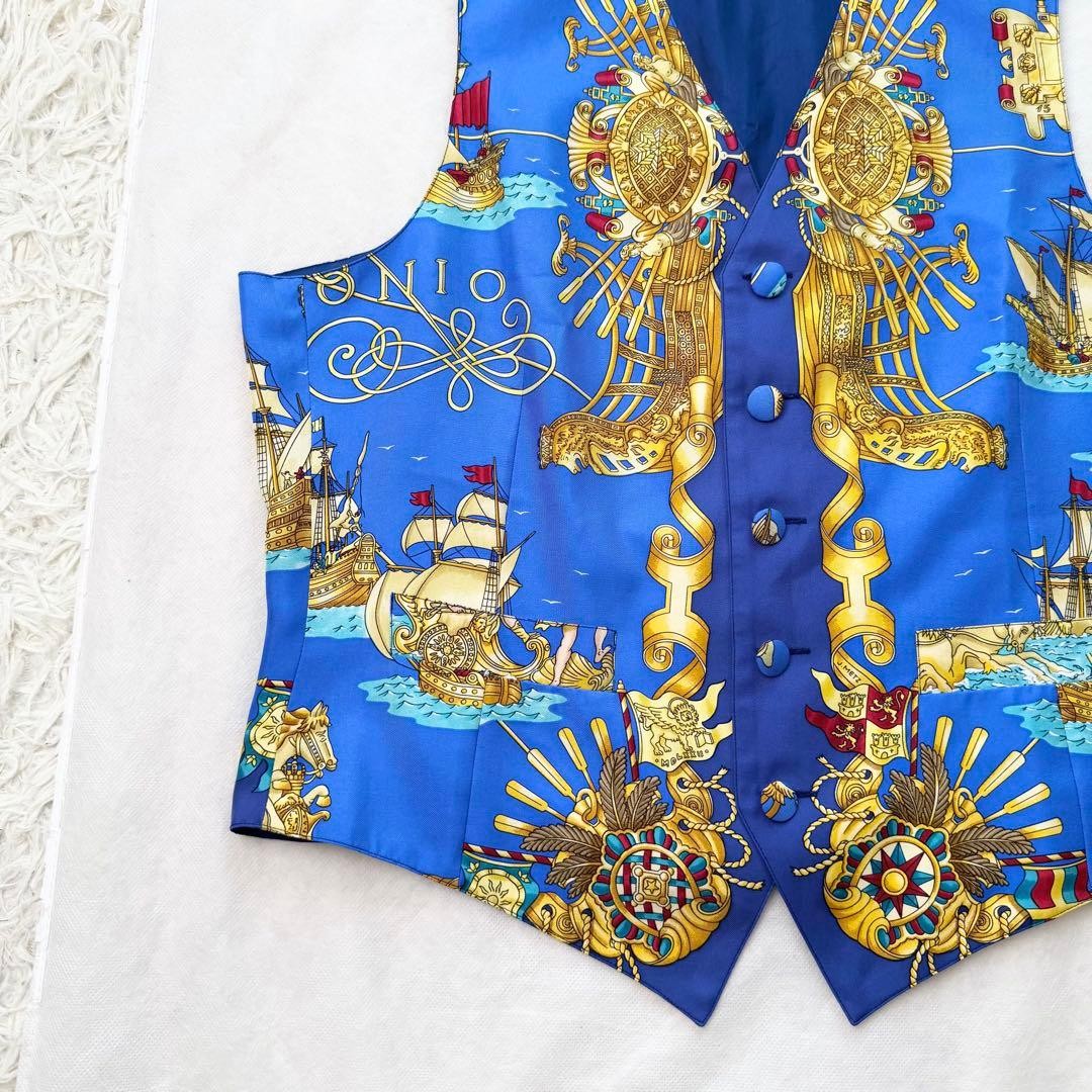 Hermes Auth Vtg Voiles et Galons Silk Scarf Print Vest Blue Size 50 Used