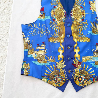 Hermes Auth Vtg Voiles et Galons Silk Scarf Print Vest Blue Size 50 Used