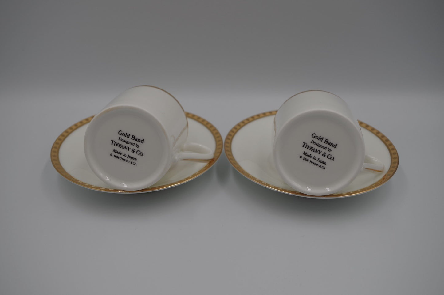 Tiffany & Co Gold Band Demitasse Cups Saucers Pair Made in Japan White Gold Set