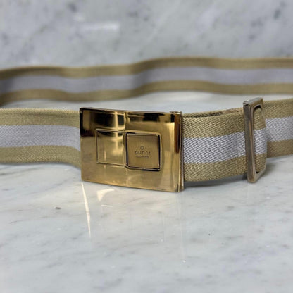 Gucci Gold Tone Buckle Elastic Belt Shelly Line Beige 90 cm 35.4" W 2.9 cm 1.1"
