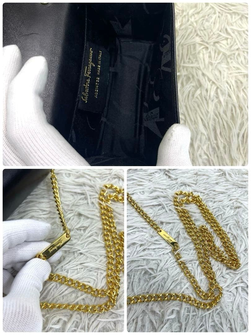 Salvatore Ferragamo Gancini Gold Chain Shoulder Bag Leather Purse Authentic