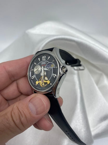 Rare Excellent Audi Sun and Moon Automatic Silver Case Watch Skeleton Unused