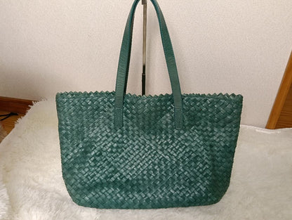 Dragon Tomorrowland Auth Woven Leather Tote Bag Green 33x25x12 cm 13.0x9.8x4.7"