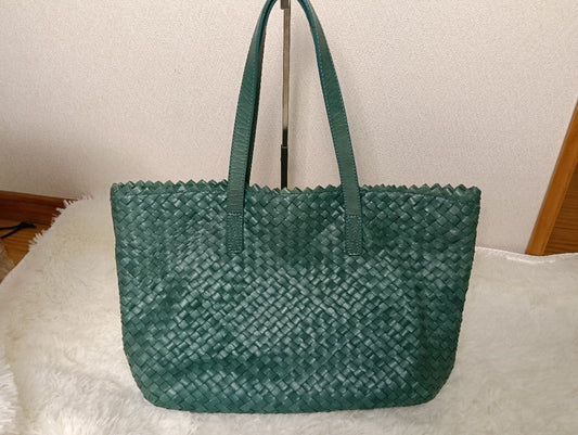 Dragon Tomorrowland Auth Woven Leather Tote Bag Green 33x25x12 cm 13.0x9.8x4.7"