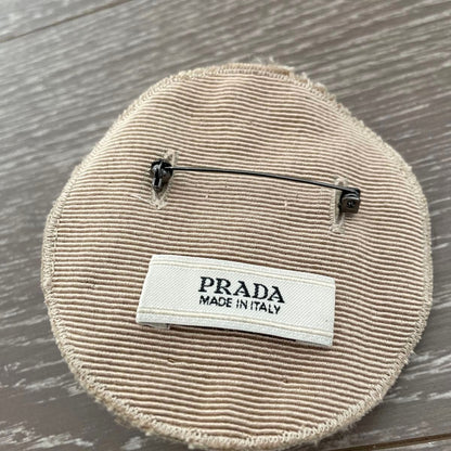 PRADA Beaded Embroidery Brooch Pin Beige Floral Crystal Fabric Italy Vintage