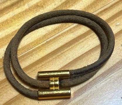 HERMES Tourni Double Tour Bracelet Brown Leather Gold Hardware Used Vintage