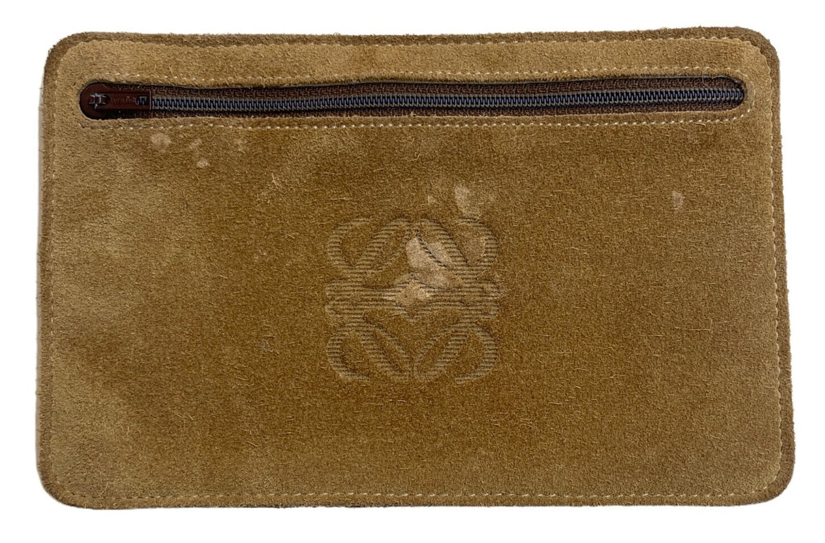 LOEWE Anagram Embossed Suede Pouch Brown Zip Case Spain 7.1x4.5in Authentic