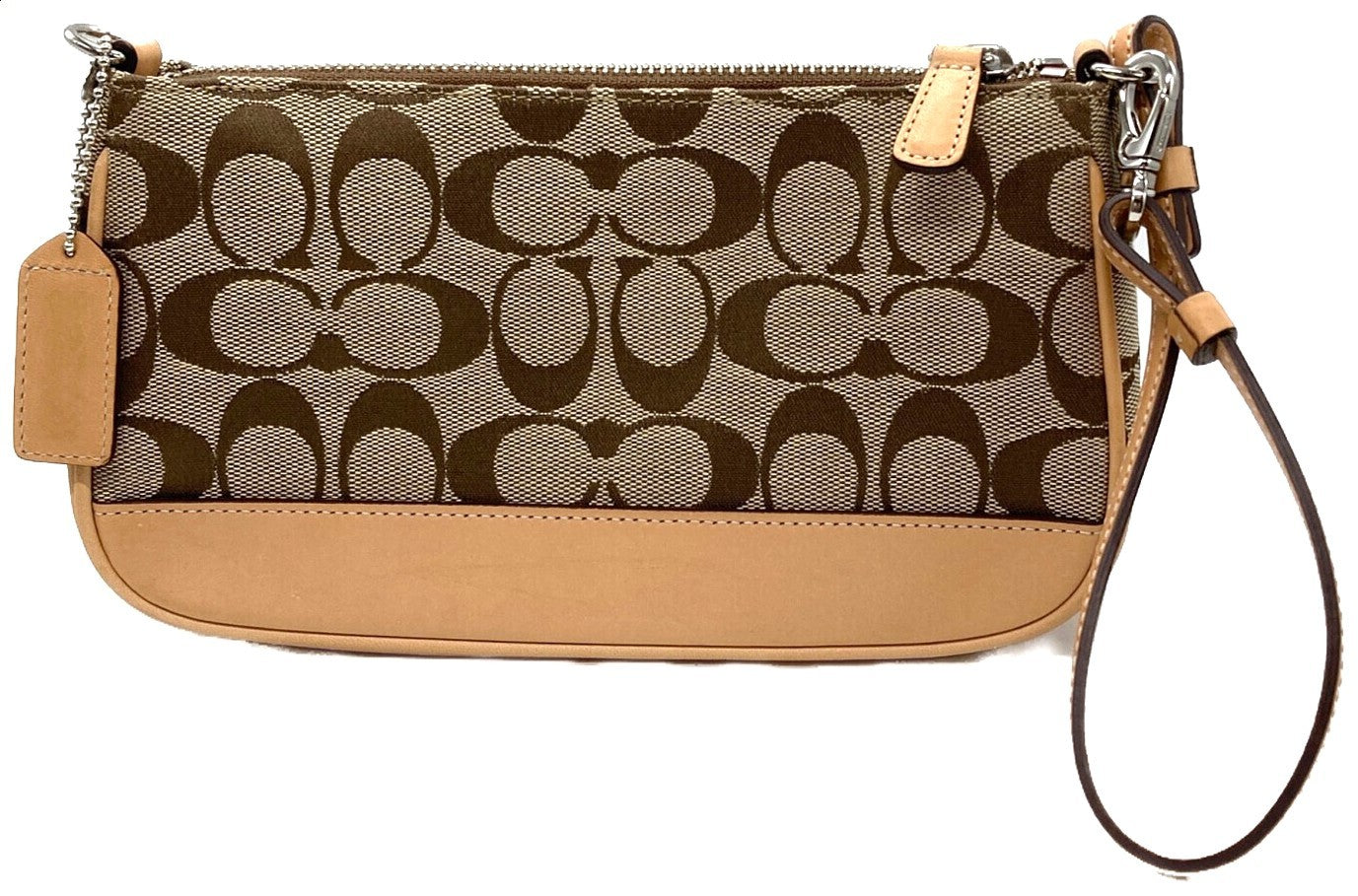 COACH Signature Jacquard Wristlet Pouch 6094 Khaki Beige Leather Trim Auth Used