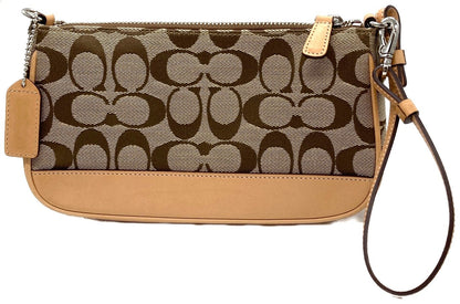 COACH Signature Jacquard Wristlet Pouch 6094 Khaki Beige Leather Trim Auth Used