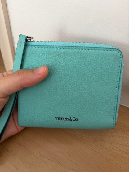 Tiffany & Co Blue Leather Zip Card Case Coin Wallet Used