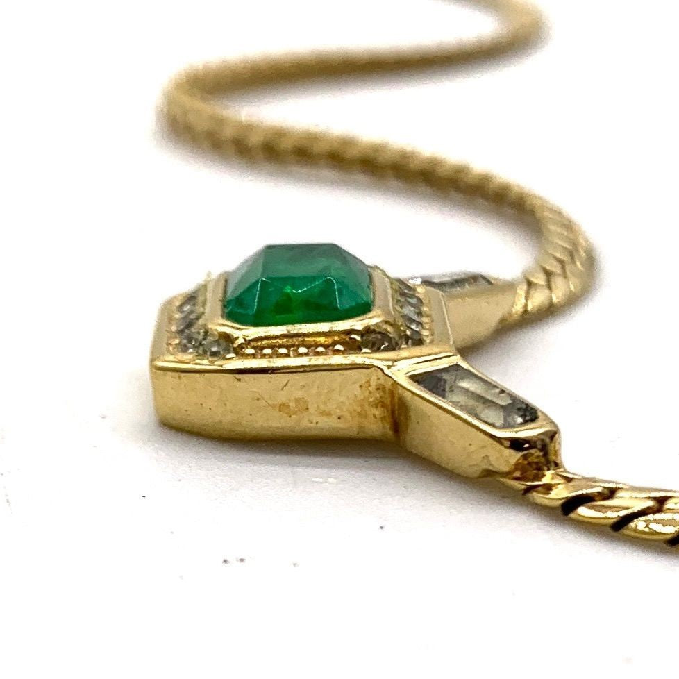 Vintage Christian Dior  Green Stone Rhinestone Gold Tone Chain Necklace 17" Used