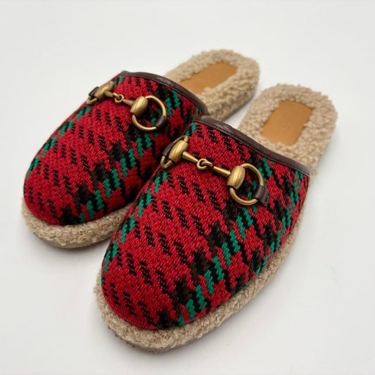 Gucci Horsebit Boa Slippers Slip-On Sandals Houndstooth Tweed Size 36 US 6 Women
