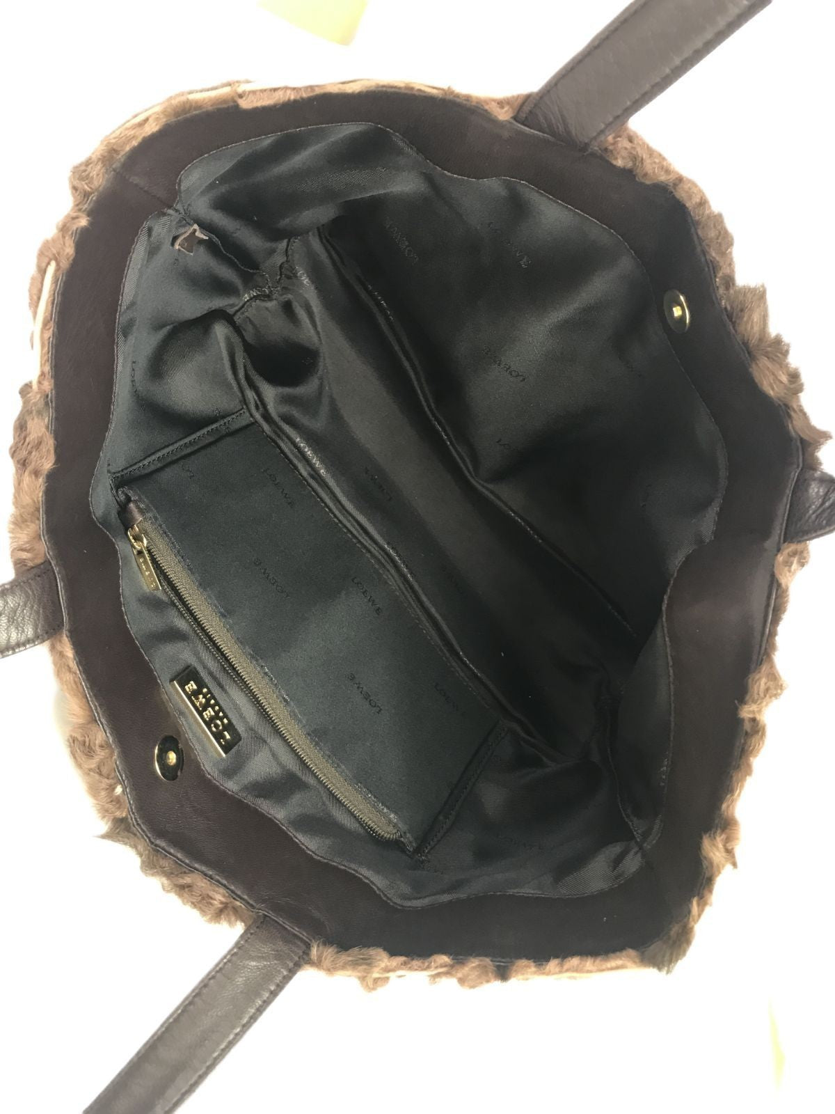 Authentic LOEWE Shearling Fur Brown Leather Tote Bag Shoulder Bag Excellent