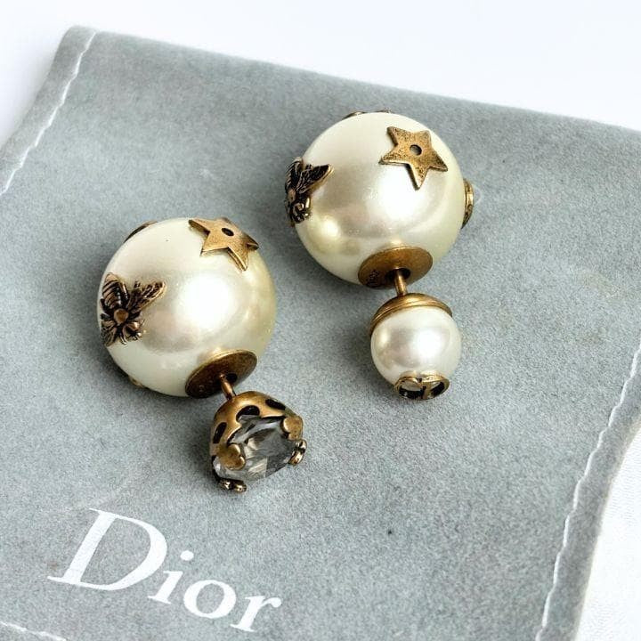 Dior Faux Pearl Crystal Tribal Earrings Designer Womens Jewelry Accessory
