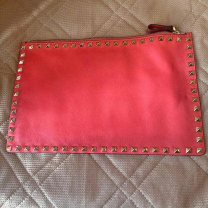 Valentino Garavani Auth Hot Pink Leather Studded Clutch Bag 30x19.5 cm