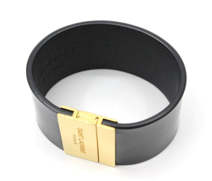 Saint Laurent Enamel Gold Tone Magnetic Closure Leather Bracelet Black Used