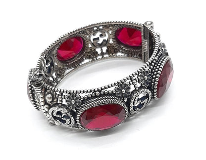 Gucci Sterling Silver 925 Interlocking GG Logo Red Gemstone Cat Head Bracelet