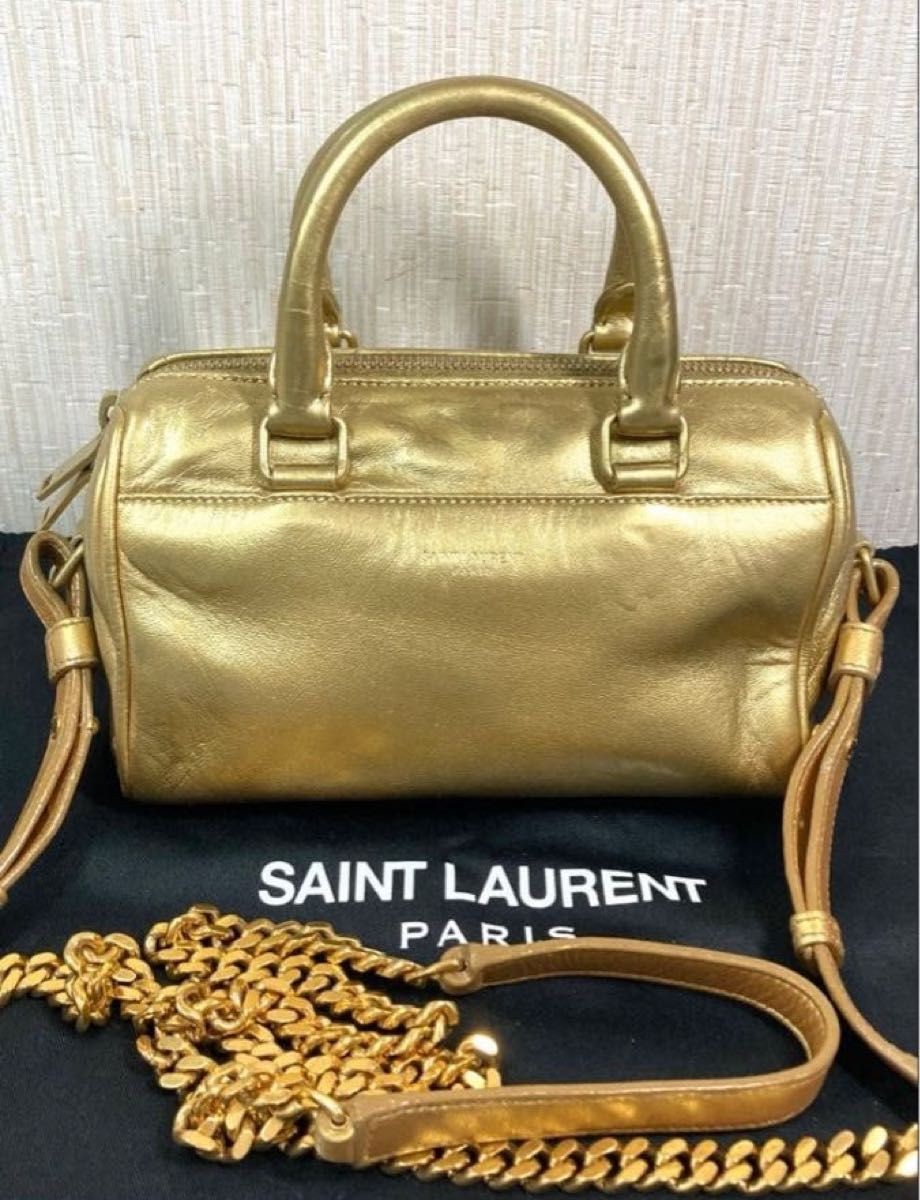 Saint Laurent Baby Duffle Handbag Chain Shoulder Bag 2-Way Gold Leather