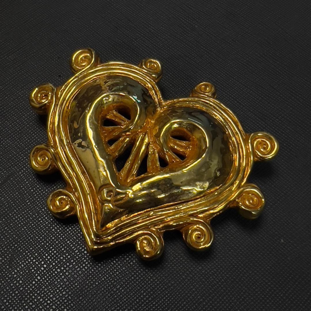 Christian Lacroix Vtg Oversized Heart Brooch Gold Logo 7.5x6 cm 3.0x2.4" France
