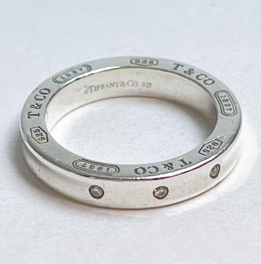 Tiffany & Co. Silver 925 3P Diamond 1837 Narrow Ring Size 49.5 US 5 Used