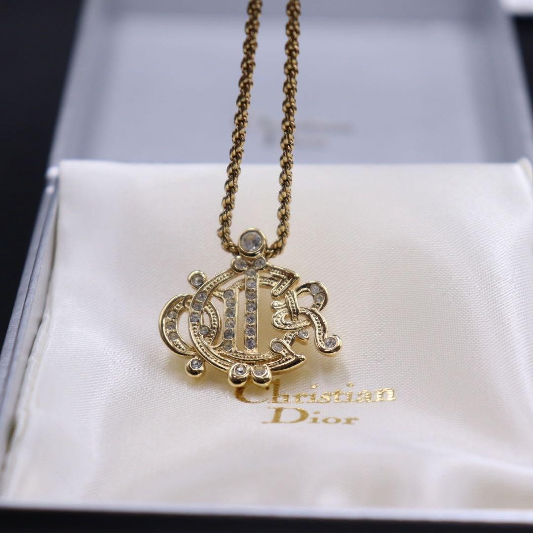 Vintage Christian Dior Old Logo Rhinestone Emblem Gold Tone Chain Necklace