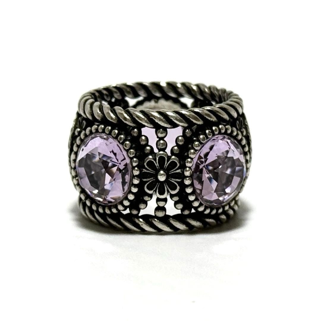 GUCCI Silver 925 Interlocking G Flower Light Purple Crystal Stone Ring US 6.25