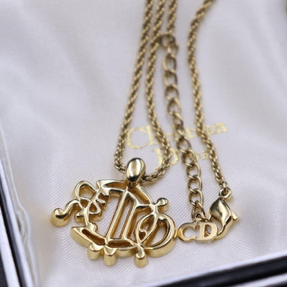 Vintage Christian Dior Old Logo Rhinestone Emblem Gold Tone Chain Necklace