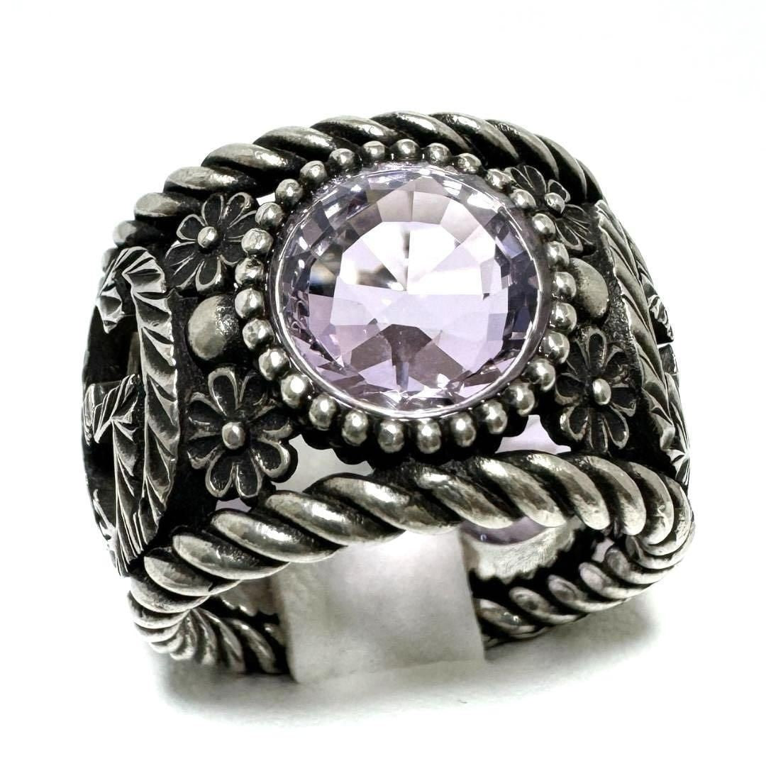 GUCCI Silver 925 Interlocking G Flower Light Purple Crystal Stone Ring US 6.25
