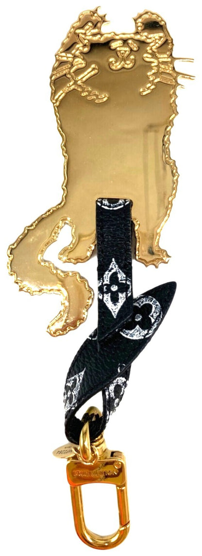 Louis Vuitton Catogram Flying Cat Bag Charm Key Ring Black Gold MP2284 Used 4.1"