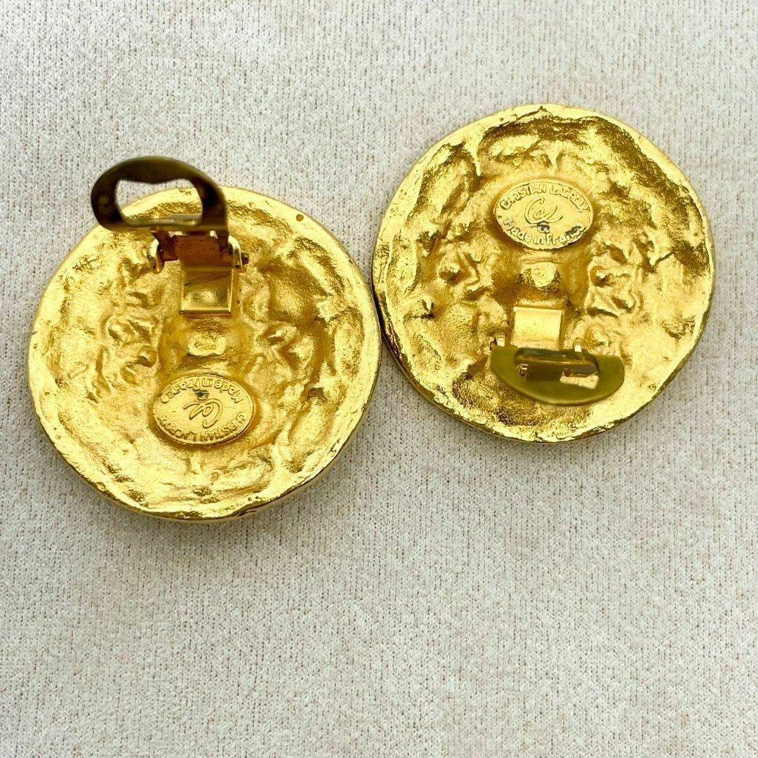 Christian Lacroix Vtg Gold Large Statement Clip Earrings Color Stone Red Used
