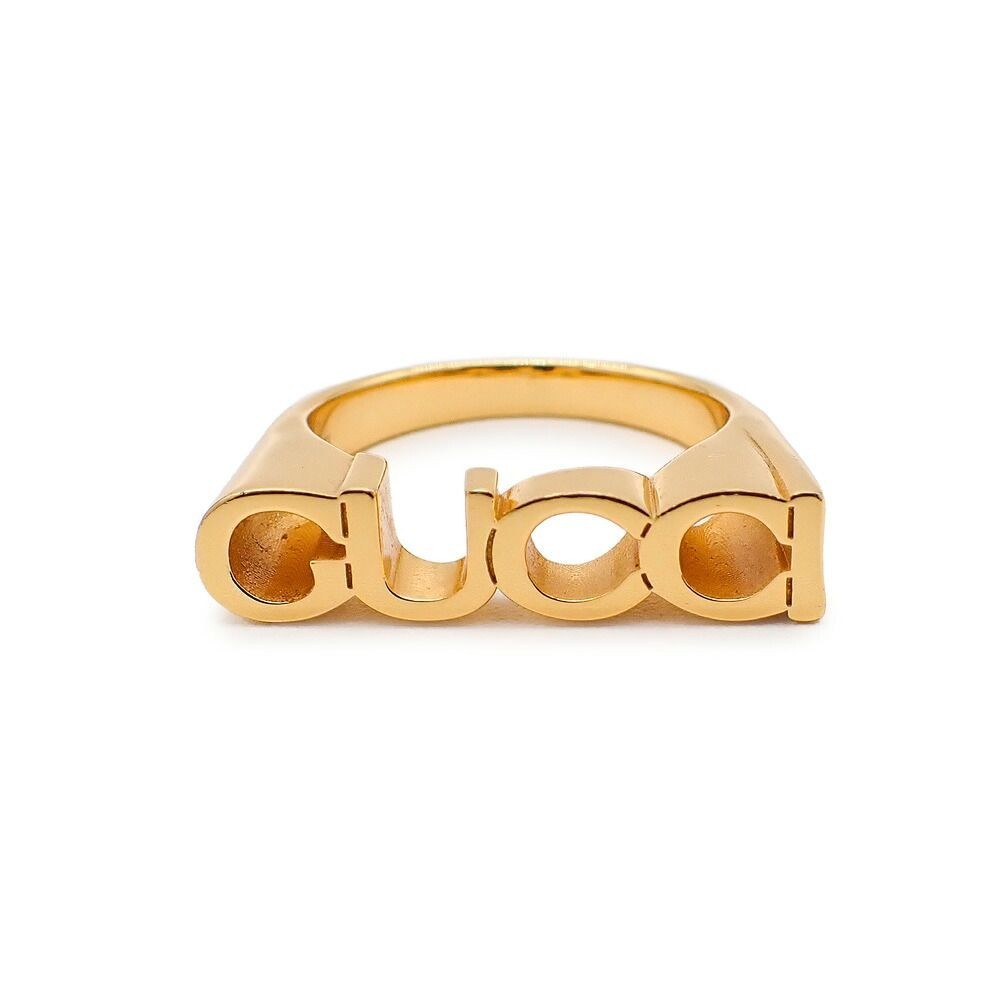 Gucci Gold Tone Metal Logo Ring Size M 57 US 8 Excellent Condition Unused