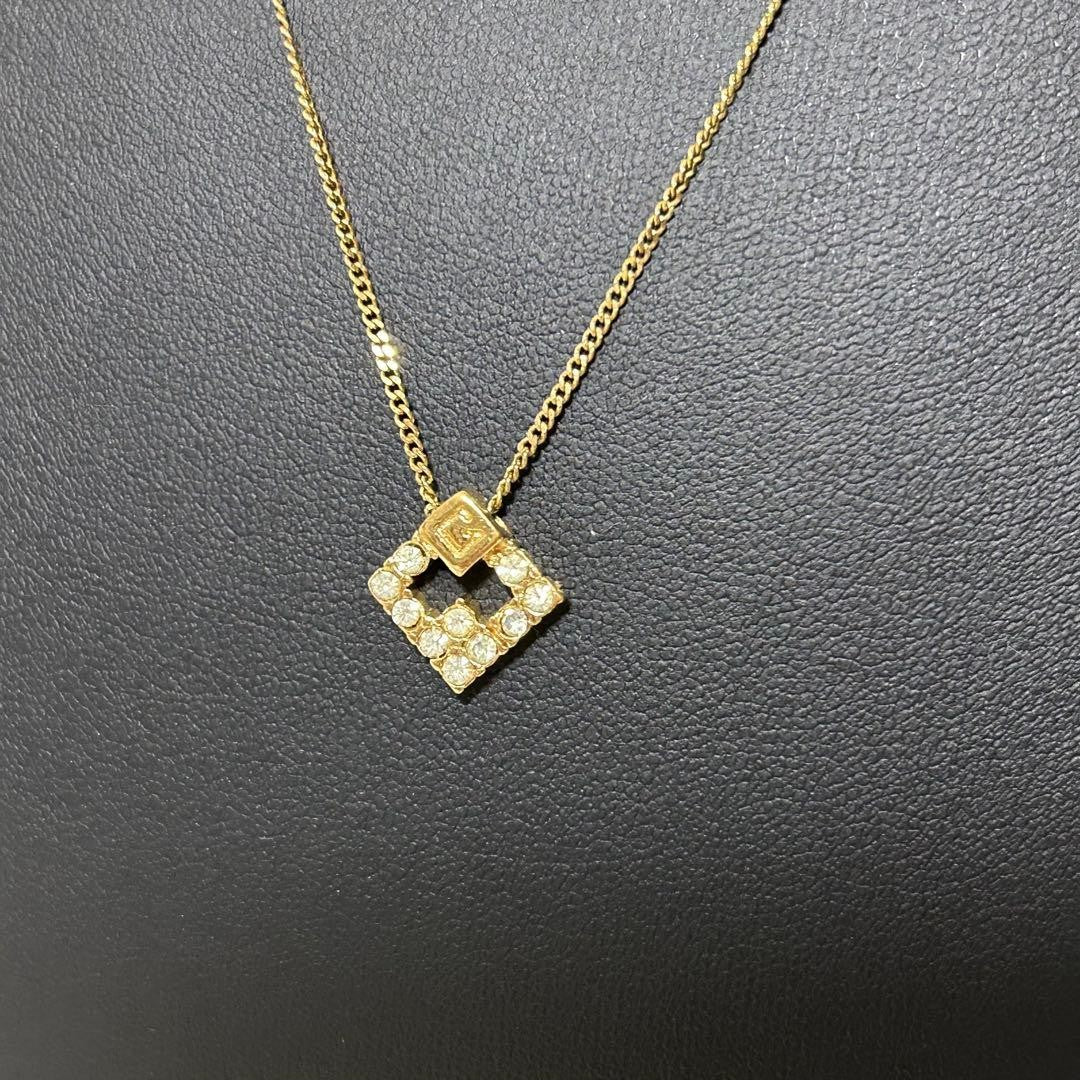 Givenchy Vtg 18KGP Gold Square Rhinestone Necklace 40 cm 15.7" Chain Used Auth