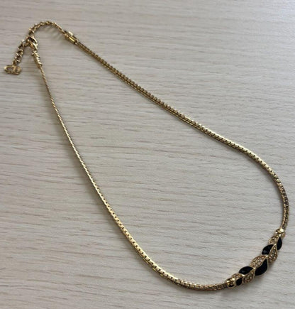 Christian Dior Rhinestone Gold Black Necklace Length 16.5" Used Japan Vintage