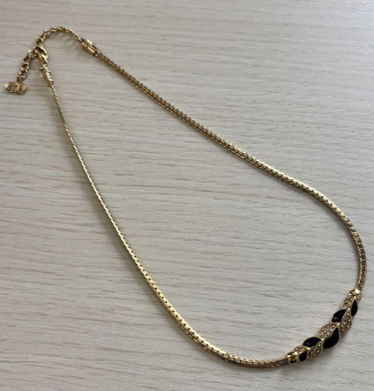 Christian Dior Rhinestone Gold Black Necklace Length 16.5" Used Japan Vintage