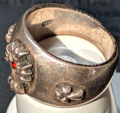 A&G Rare Silver Ring Red Ruby Stone Floral Eagle Motif Wide Band Vintage US9