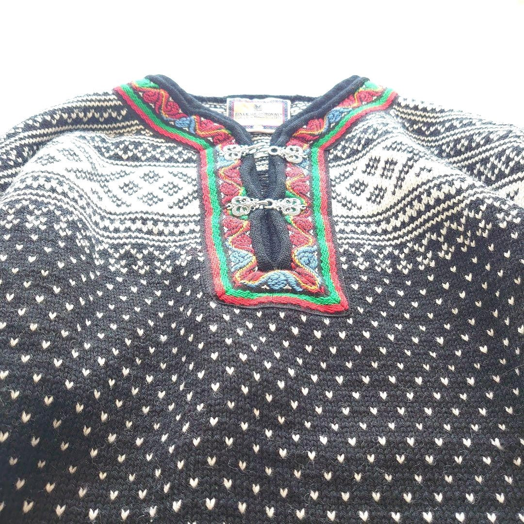 DALE OF NORWAY Nordic Sweater Men's Wool Knit Pullover Black White L Metal Clasp
