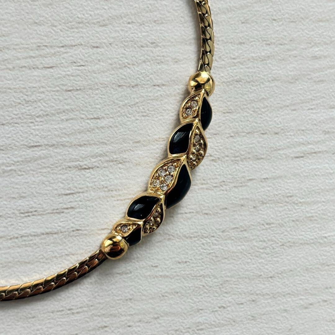 Christian Dior Rhinestone Gold Black Necklace Length 16.5" Used Japan Vintage